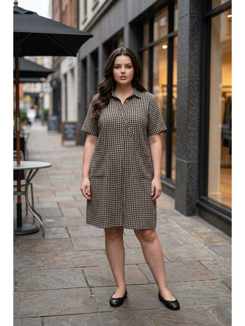 Plus Size Women Cream and Black Plaid Slant Closure Button Loose Dress Size 2XL